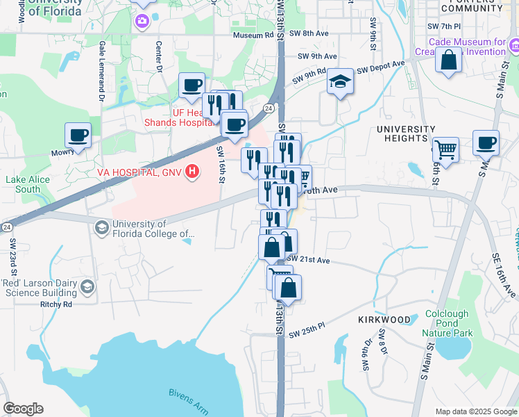 map of restaurants, bars, coffee shops, grocery stores, and more near 1626 Southwest 14th Street in Gainesville