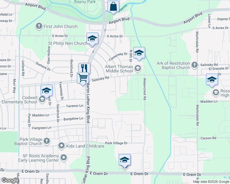 map of restaurants, bars, coffee shops, grocery stores, and more near 5602 Selinsky Road in Houston