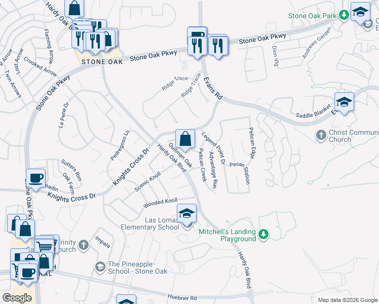 map of restaurants, bars, coffee shops, grocery stores, and more near 827 Quitman Oak in San Antonio