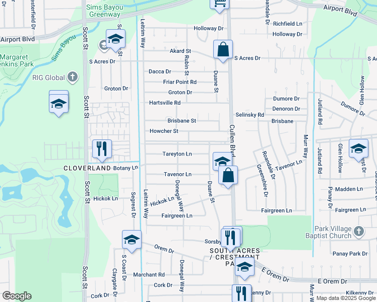 map of restaurants, bars, coffee shops, grocery stores, and more near 4319 Tareyton Lane in Houston