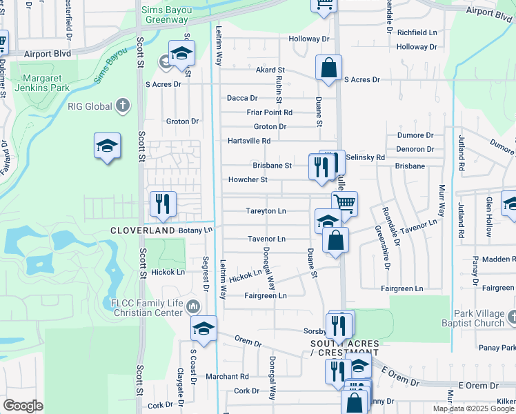 map of restaurants, bars, coffee shops, grocery stores, and more near 4219 Tareyton Lane in Houston