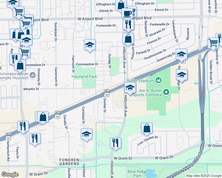 map of restaurants, bars, coffee shops, grocery stores, and more near South Main Street in Houston