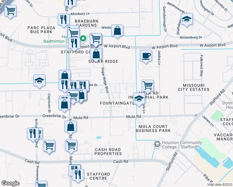 map of restaurants, bars, coffee shops, grocery stores, and more near 12903 Sugar Ridge Boulevard in Stafford