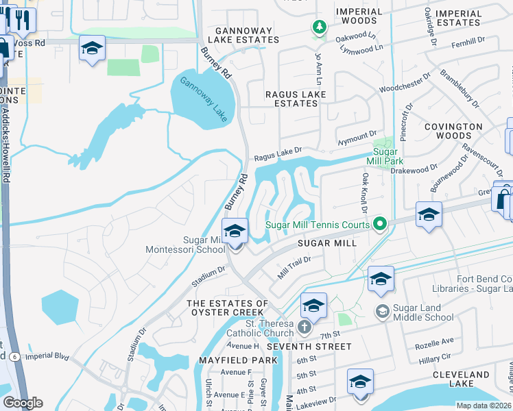 map of restaurants, bars, coffee shops, grocery stores, and more near 1205 Morning Mist Court in Sugar Land
