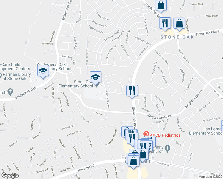 map of restaurants, bars, coffee shops, grocery stores, and more near 24502 Long Arrow in San Antonio