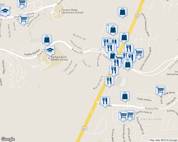 map of restaurants, bars, coffee shops, grocery stores, and more near 20902 Cactus Ridge in San Antonio