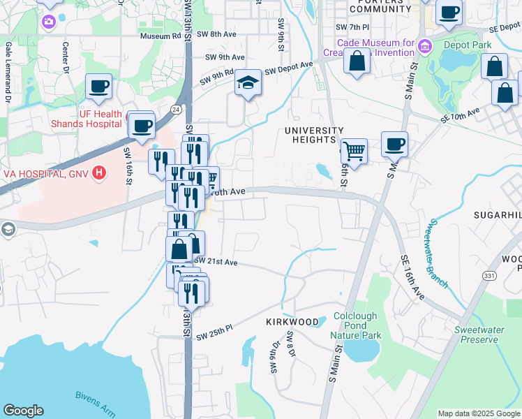 map of restaurants, bars, coffee shops, grocery stores, and more near 1754 SW 9th Way in Gainesville