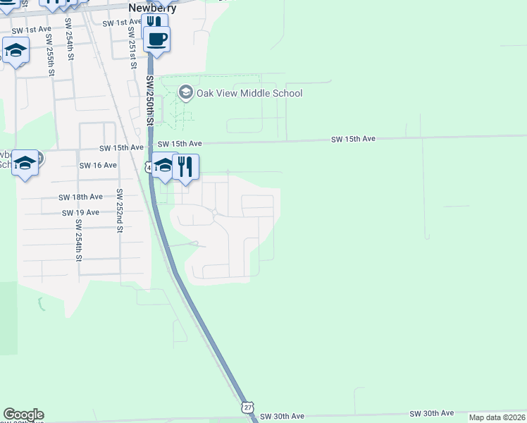 map of restaurants, bars, coffee shops, grocery stores, and more near 24339 Southwest 18th Road in Newberry