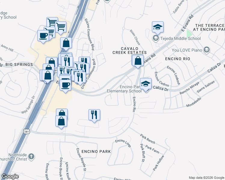 map of restaurants, bars, coffee shops, grocery stores, and more near 21103 Encino Ash in San Antonio