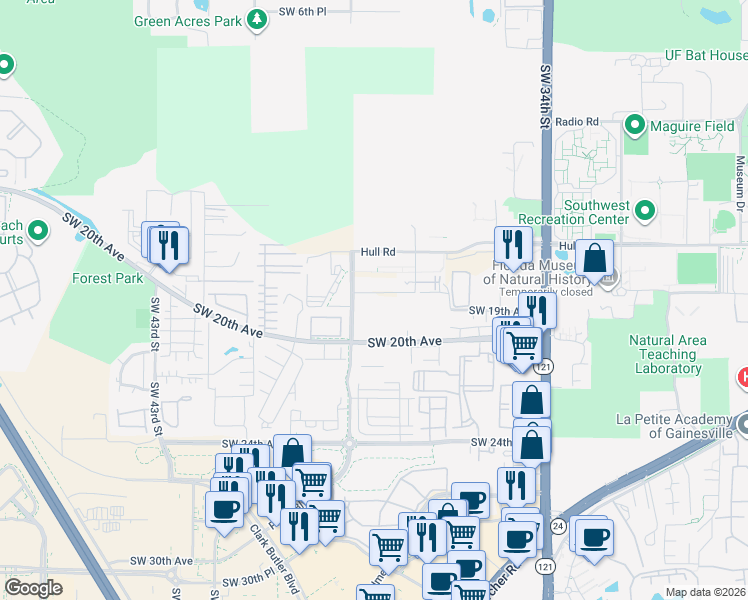 map of restaurants, bars, coffee shops, grocery stores, and more near 3751 Southwest 17th Place in Gainesville