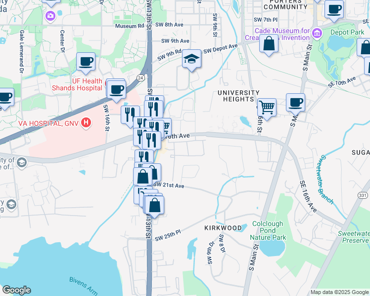 map of restaurants, bars, coffee shops, grocery stores, and more near 1746 SW 11th Way in Gainesville