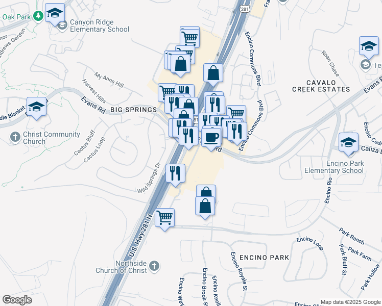 map of restaurants, bars, coffee shops, grocery stores, and more near 20750 U.S. 281 in San Antonio