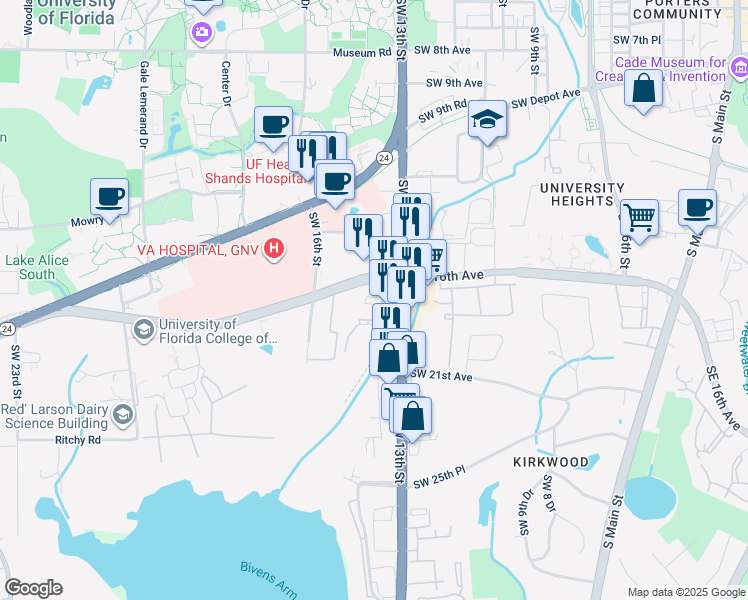 map of restaurants, bars, coffee shops, grocery stores, and more near 1626 Southwest 14th Street in Gainesville