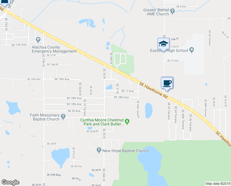 map of restaurants, bars, coffee shops, grocery stores, and more near 3625 Southeast 17 Avenue in Gainesville