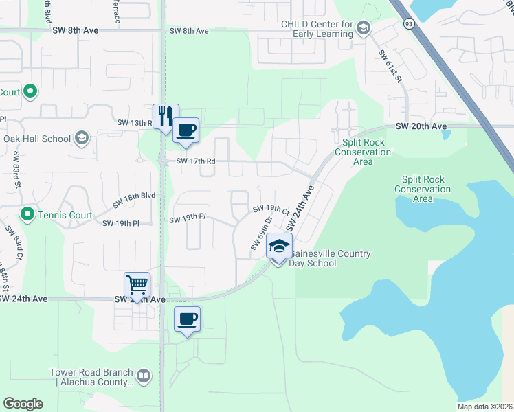 map of restaurants, bars, coffee shops, grocery stores, and more near 1726 Southwest 69th Terrace in Gainesville