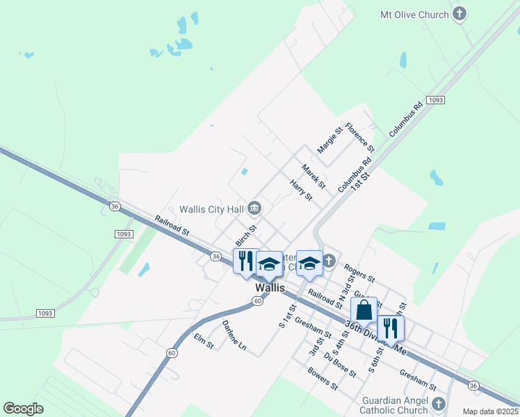 map of restaurants, bars, coffee shops, grocery stores, and more near 6810 Church Street in Wallis