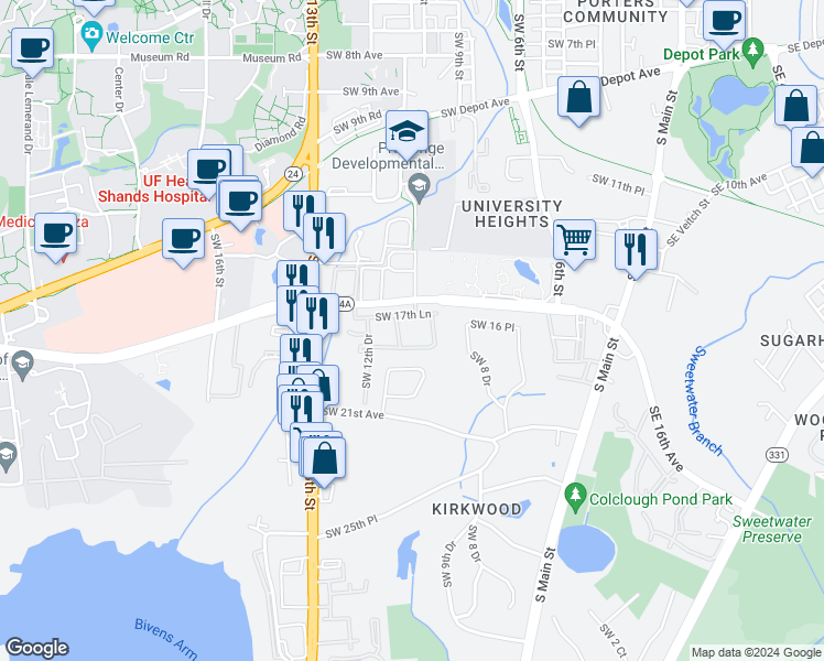 map of restaurants, bars, coffee shops, grocery stores, and more near 1754 SW 9th Way in Gainesville