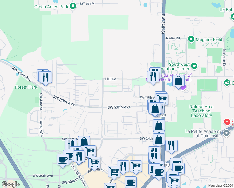 map of restaurants, bars, coffee shops, grocery stores, and more near 3631 Southwest 17th Place in Gainesville