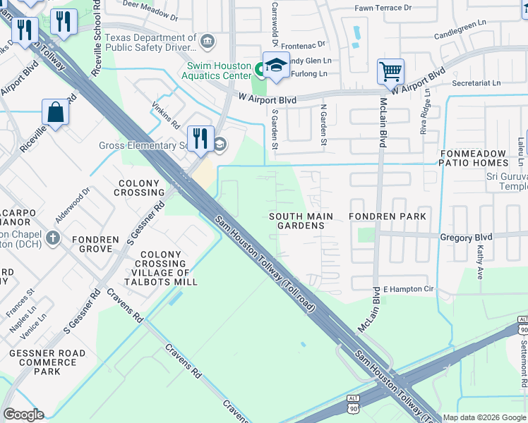 map of restaurants, bars, coffee shops, grocery stores, and more near 11706 South Garden Street in Houston