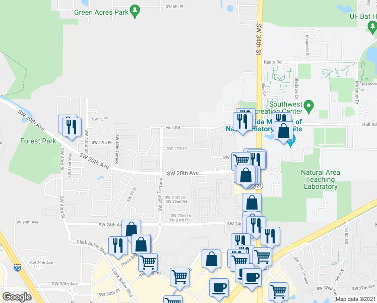 map of restaurants, bars, coffee shops, grocery stores, and more near 3631 Southwest 17th Place in Gainesville