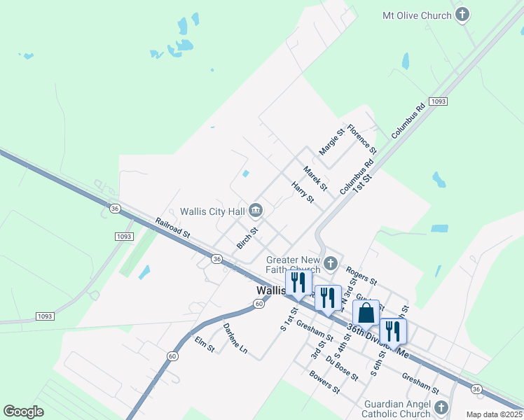 map of restaurants, bars, coffee shops, grocery stores, and more near 6810 Church St in Wallis