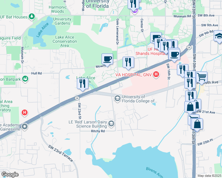 map of restaurants, bars, coffee shops, grocery stores, and more near Shealy Drive in Gainesville