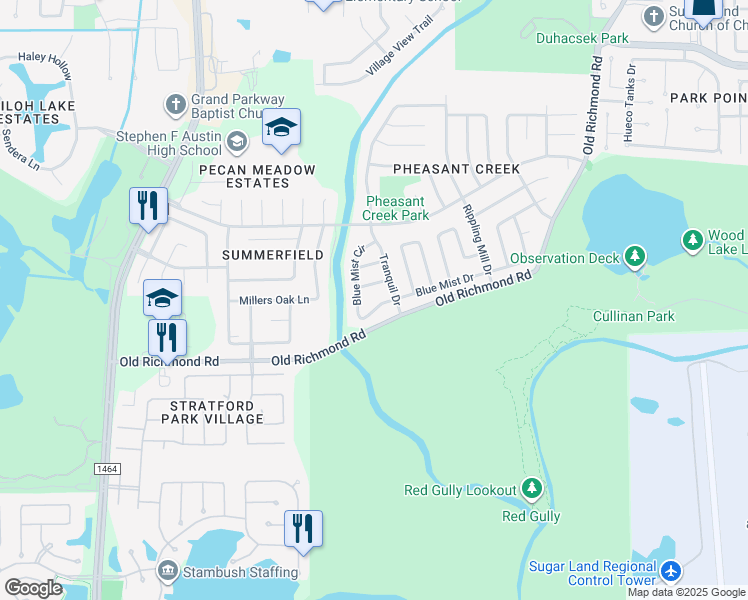 map of restaurants, bars, coffee shops, grocery stores, and more near 2914 Blue Mist Drive in Sugar Land