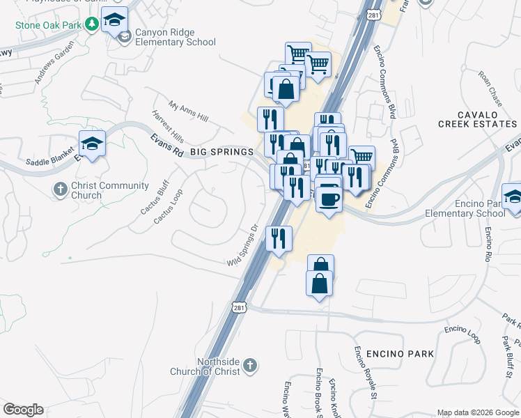 map of restaurants, bars, coffee shops, grocery stores, and more near 20803 Wild Springs Drive in San Antonio