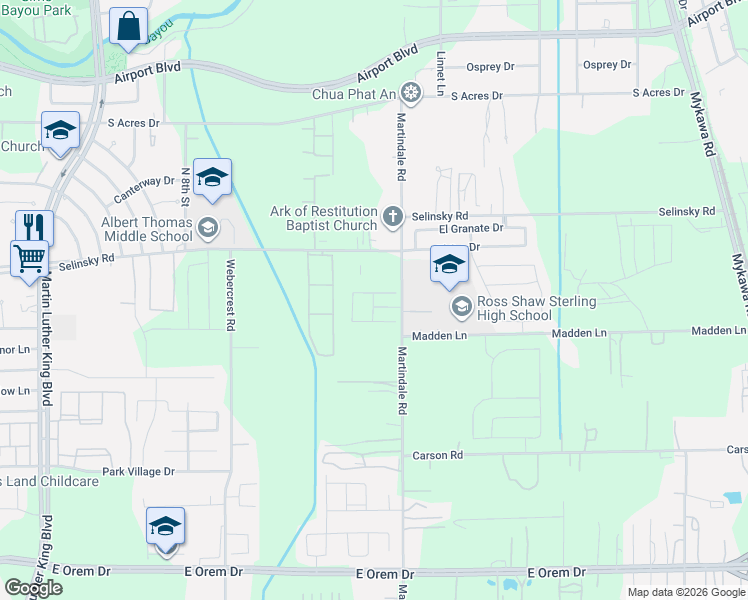 map of restaurants, bars, coffee shops, grocery stores, and more near 11625 Martindale Road in Houston
