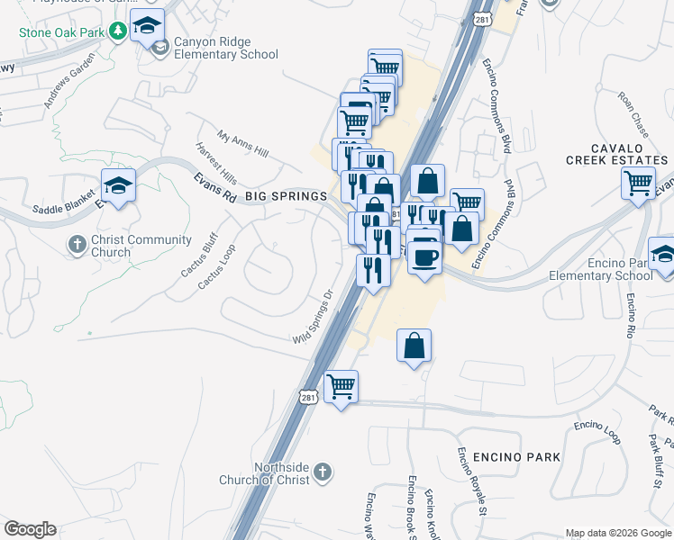 map of restaurants, bars, coffee shops, grocery stores, and more near 20803 Wild Springs Drive in San Antonio