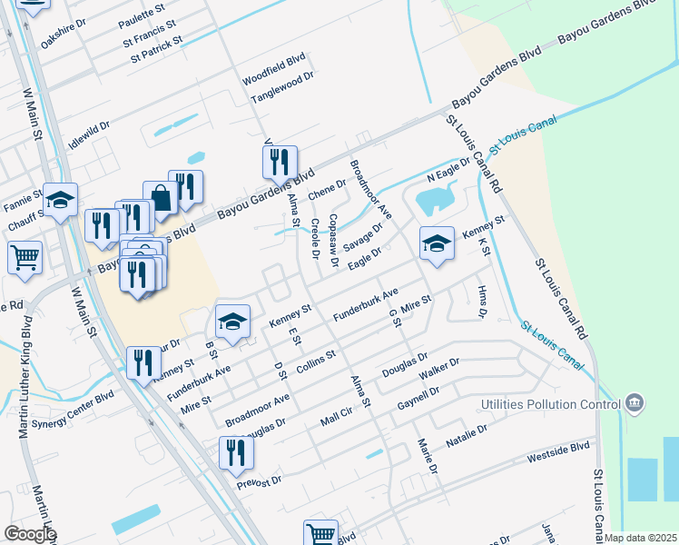 map of restaurants, bars, coffee shops, grocery stores, and more near 804 Eagle Dr in Houma