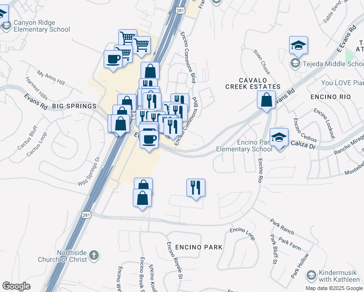 map of restaurants, bars, coffee shops, grocery stores, and more near 20910 Encino Commons in San Antonio