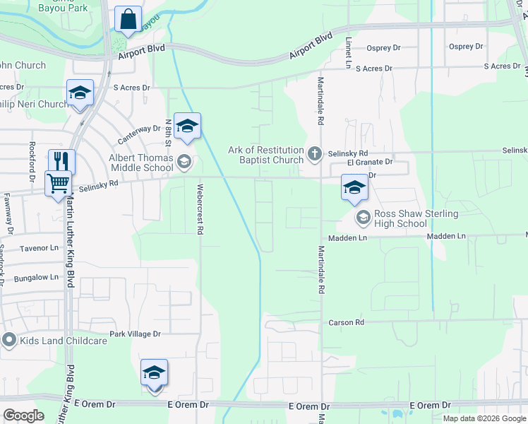 map of restaurants, bars, coffee shops, grocery stores, and more near 5900 Selinsky Road in Houston