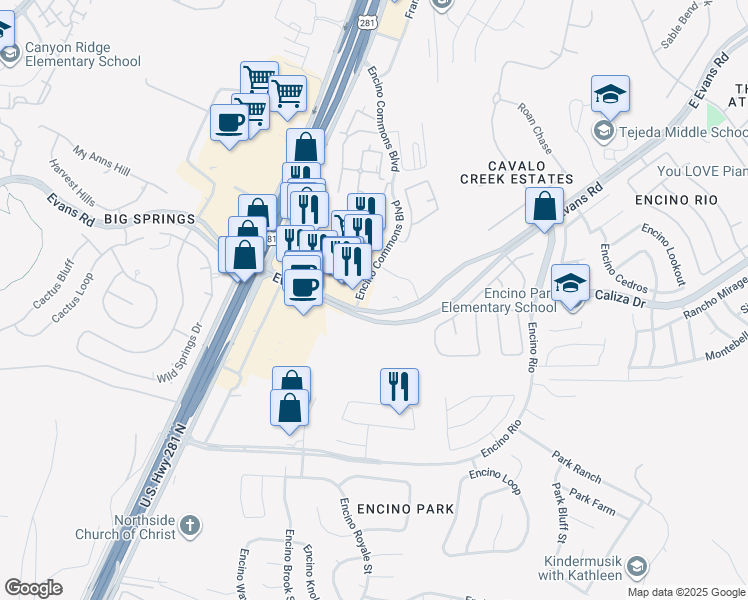 map of restaurants, bars, coffee shops, grocery stores, and more near 20910 Encino Commons in San Antonio