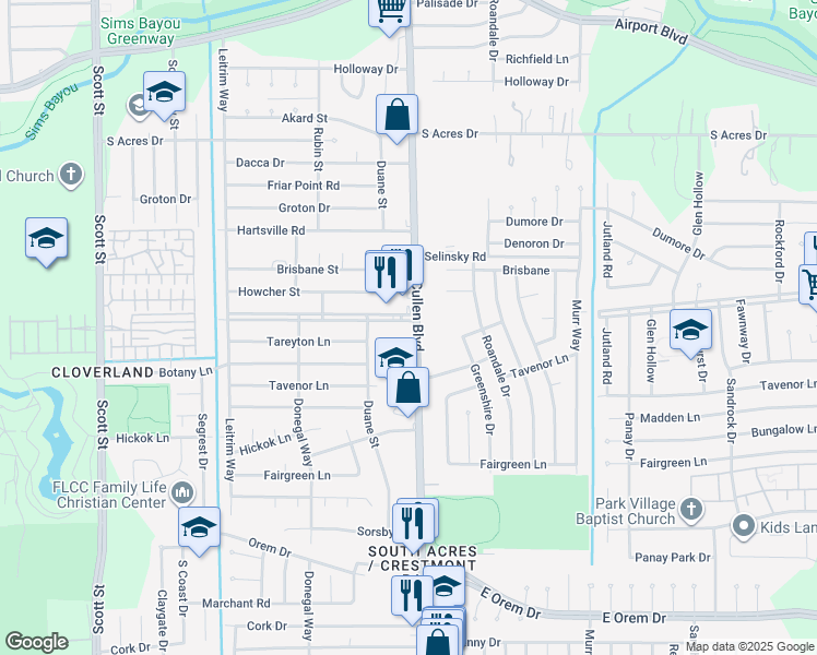 map of restaurants, bars, coffee shops, grocery stores, and more near 11402 Cullen Boulevard in Houston