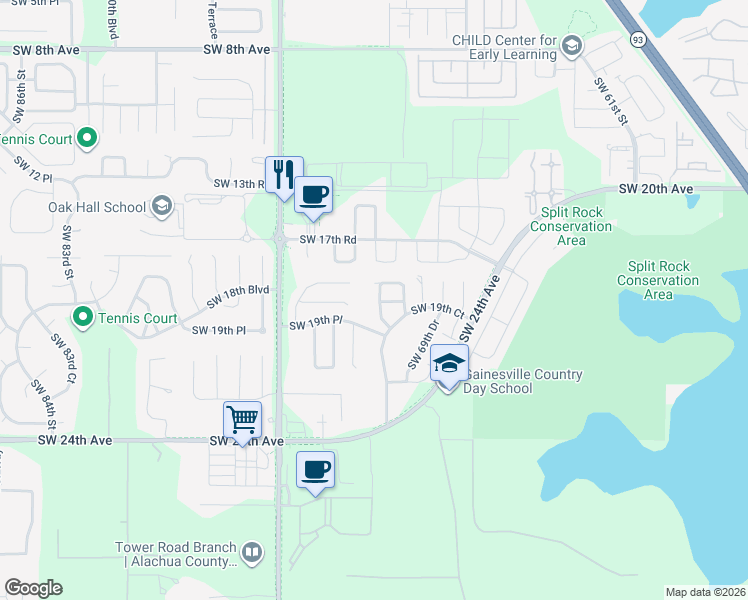 map of restaurants, bars, coffee shops, grocery stores, and more near 7201 Southwest 18 Place in Gainesville