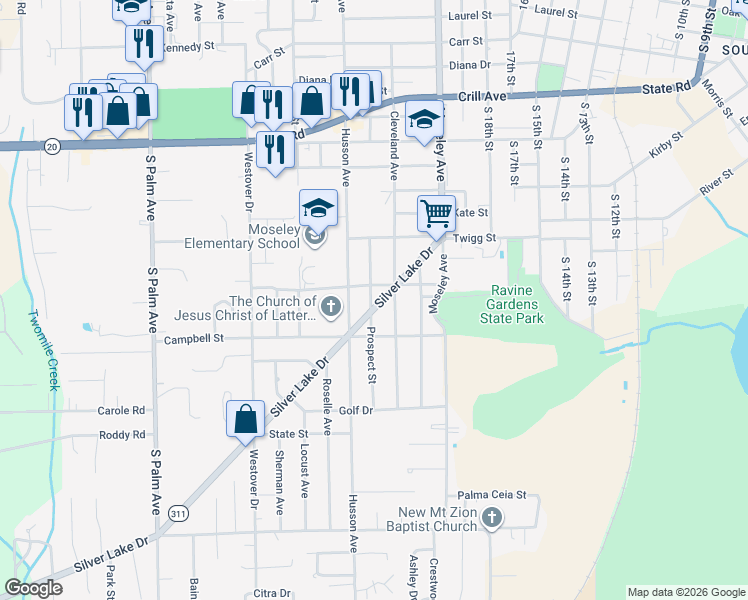 map of restaurants, bars, coffee shops, grocery stores, and more near 2212 Silver Lake Drive in Palatka