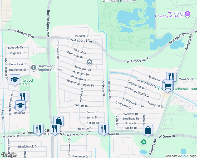 map of restaurants, bars, coffee shops, grocery stores, and more near 3135 Dragonwick Drive in Houston