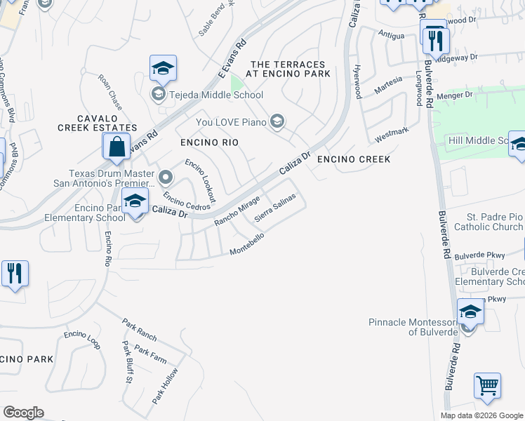 map of restaurants, bars, coffee shops, grocery stores, and more near 2722 Sierra Salinas in San Antonio