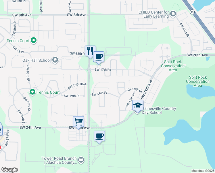 map of restaurants, bars, coffee shops, grocery stores, and more near 7201 Southwest 18 Place in Gainesville