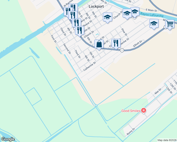 map of restaurants, bars, coffee shops, grocery stores, and more near Comeaux Dr in Lockport