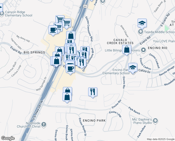 map of restaurants, bars, coffee shops, grocery stores, and more near 20910 Encino Commons in San Antonio
