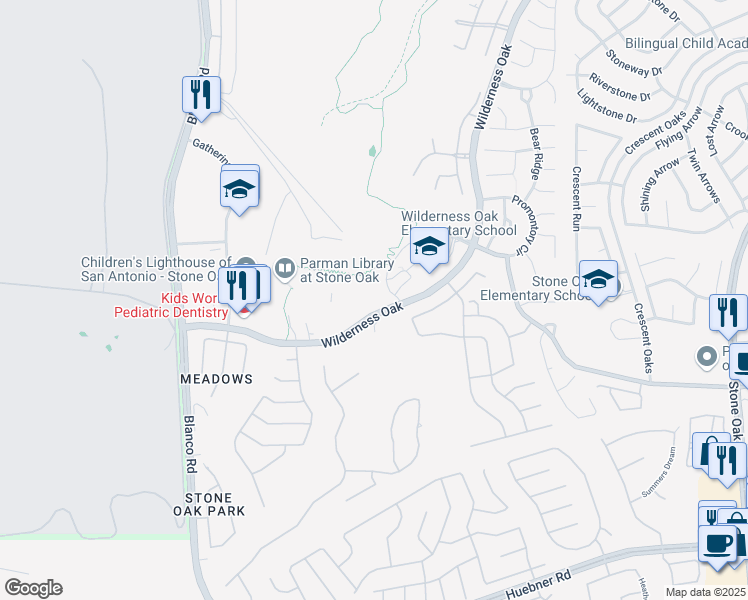 map of restaurants, bars, coffee shops, grocery stores, and more near 20915 Wilderness Oak in San Antonio
