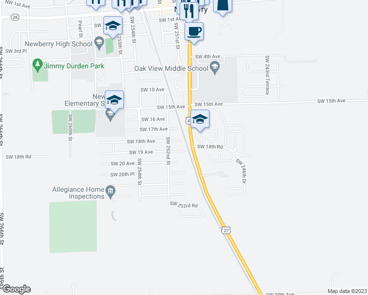 map of restaurants, bars, coffee shops, grocery stores, and more near 25046 Southwest 19 Avenue in Newberry