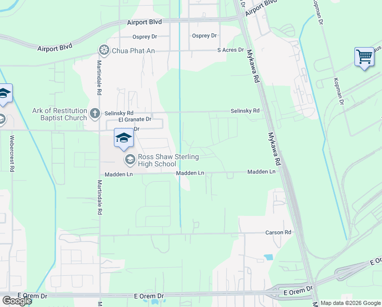 map of restaurants, bars, coffee shops, grocery stores, and more near 6443-6539 Madden Lane in Houston
