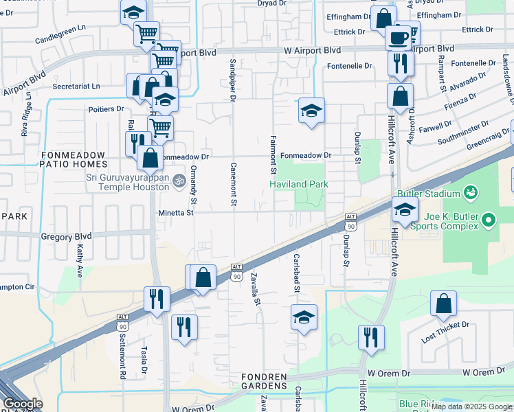 map of restaurants, bars, coffee shops, grocery stores, and more near 14425 Minetta Street in Houston
