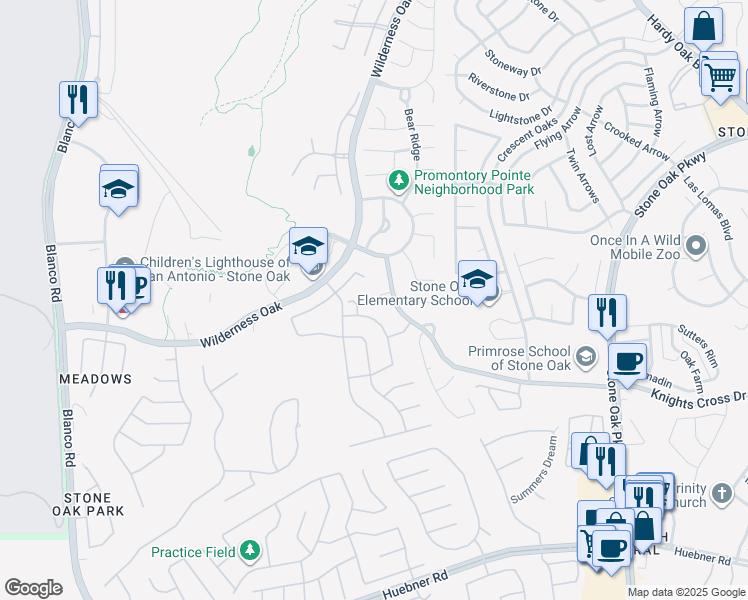 map of restaurants, bars, coffee shops, grocery stores, and more near 20806 Panoramic Court in San Antonio