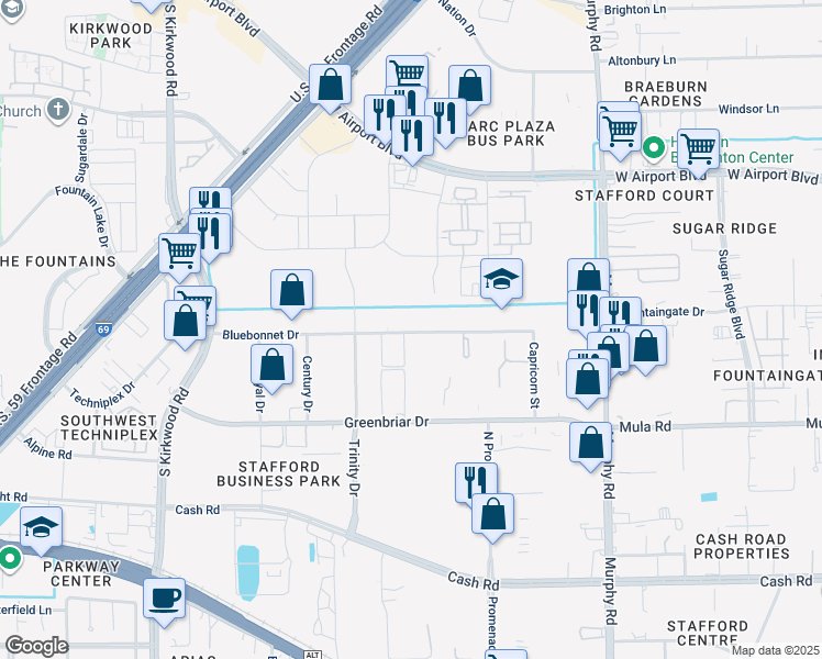 map of restaurants, bars, coffee shops, grocery stores, and more near in Stafford