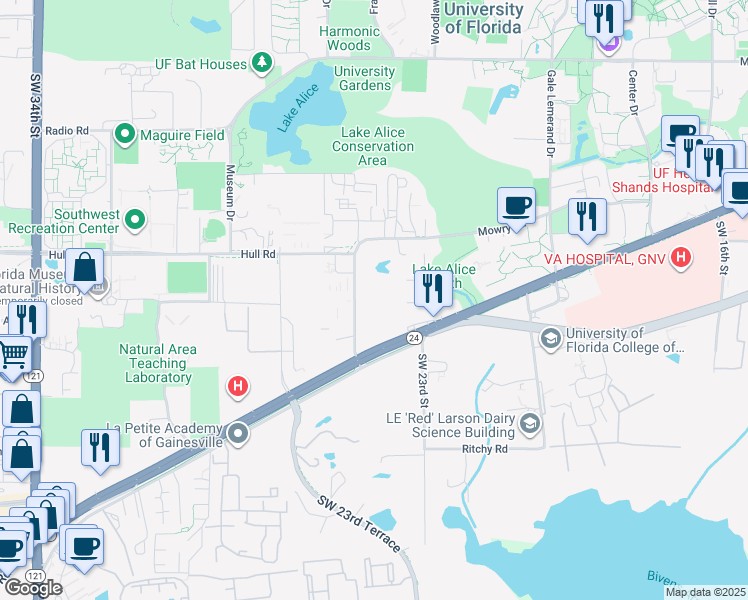 map of restaurants, bars, coffee shops, grocery stores, and more near 2360 Southwest Archer Road in Gainesville