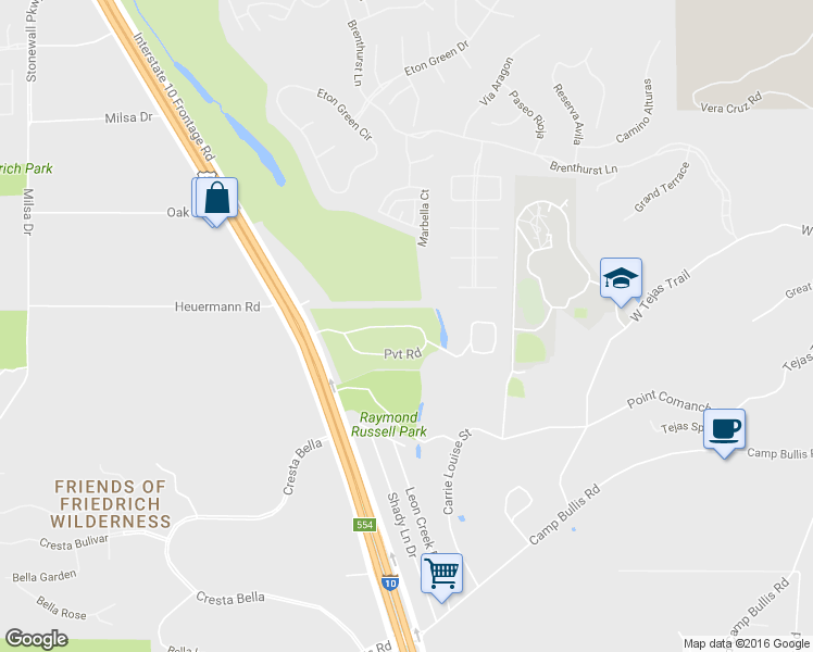 map of restaurants, bars, coffee shops, grocery stores, and more near Pvt Road in San Antonio